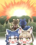 2girls animal_costume animal_ear_fluff animal_ears blue_hair blush cat_ears cat_girl cat_tail dire_wolf_(kemono_friends) extra_ears grey_eyes grey_hair hair_ribbon highres jungle_cat_(kemono_friends) kemono_friends kemono_friends_v_project long_hair mav3ygpryecvfu2 microphone minecraft multiple_girls open_mouth outdoors parody ribbon scarf tail twintails virtual_youtuber wolf_ears wolf_girl wolf_tail