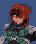1boy 1girl ^_^ apex_legends black_gloves blue_background closed_eyes commentary gloves goggles goggles_on_head hair_behind_ear harabeoji horizon_(apex_legends) korean_commentary male_focus open_mouth orange_hair portrait short_hair smile solo spacesuit upper_body v-shaped_eyebrows