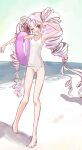 1girl ;d ahoge ass_visible_through_thighs bare_arms bare_legs bare_shoulders barefoot beach breasts collarbone drill_hair fang full_body hair_intakes highres innertube long_hair microa one-piece_swimsuit one_eye_closed pink_hair purple_innertube red_eyes shadow skin_fang small_breasts smile solo standing swimsuit tsuina-chan twin_drills twintails v-shaped_eyebrows very_long_hair voiceroid water white_one-piece_swimsuit white_swimsuit