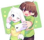 1boy 1girl asriel_dreemurr bangs black_shorts blue_eyes blush brown_hair cellphone chara_(undertale) green_background green_sweater heart heart_necklace holding holding_phone jewelry long_sleeves looking_at_another matching_outfit necklace one_eye_closed open_mouth phone red_eyes selfie shorts smile striped striped_sweater sweat sweater undertale white_background xox_xxxxxx