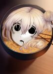 1girl 4shi ai_drawing_anime_characters_eating_ramen_(meme) blank_eyes blank_stare bowl colored_skin dango-chan_(4shi) drooling food hair_bun hair_in_food highres looking_at_viewer meme noodles open_mouth original pink_hair ramen short_hair solo soup staring sticks table translation_request white_skin wooden_table