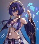 1girl arm_up bangs bare_shoulders blue_eyes breasts brown_eyes dark-skinned_female dark_skin egyptian_clothes eyebrows_hidden_by_hair genshin_impact hair_ornament heterochromia highres jewelry long_hair looking_at_viewer multicolored_eyes navel necklace silberein smile solo stomach twintails upper_body violet_eyes yellow_eyes