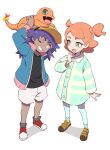 1boy 1girl :d aged_down black_shirt blue_jacket brown_footwear buttons charmander coat commentary_request dark-skinned_male dark_skin dede_(qwea_00000) eyelashes flame-tipped_tail gen_8_pokemon green_coat green_eyes grin hand_up hat highres jacket korean_commentary leon_(pokemon) long_sleeves on_head one_eye_closed open_clothes open_jacket open_mouth orange_hair pants pokemon pokemon_(anime) pokemon_(creature) pokemon_journeys pokemon_on_head red_footwear shirt shoes shorts smile sonia_(pokemon) standing striped_coat white_shorts yellow_headwear