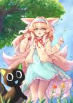  1girl :d absurdres animal_ears arknights black_cat blonde_hair blue_dress blue_hairband blue_sky cardigan cat dress feet_out_of_frame flower fox_ears fox_girl fox_tail frilled_hairband frills green_eyes hair_down hairband hands_up highres long_hair long_sleeves looking_at_viewer luoxiaohei multicolored_hair open_cardigan open_clothes open_mouth orange_flower outdoors sky smile solo streaked_hair suzuran_(arknights) tail teeth the_legend_of_luo_xiaohei tree upper_teeth utinokofia white_hair yellow_cardigan yellow_flower 