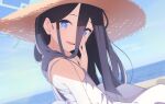 1girl arisu_(blue_archive) bangs black_hair blue_archive blue_eyes breasts day dress hair_between_eyes hand_on_own_face hat highres horizon long_bangs long_hair looking_at_viewer ocean open_mouth outdoors sky small_breasts smile solo straw_hat sukn_9765 sunlight sweat upper_body white_dress
