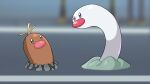 alolan_diglett animal_focus black_eyes blue_eyes blurry blurry_background commentary drunkoak english_commentary eye_contact height_difference highres indoors looking_at_another looking_down looking_up no_humans pokemon pokemon_(creature) wiglett