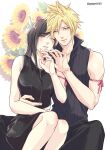 1boy 1girl arm_ribbon bare_shoulders black_hair blonde_hair blue_eyes blush breasts cloud_strife couple final_fantasy final_fantasy_vii final_fantasy_vii_advent_children floral_background flower gogochi55 happy_tears hetero high_collar highres hug jewelry long_hair red_eyes ribbon ring shirt sitting sleeveless spiky_hair sunflower tears tifa_lockhart