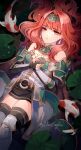 1girl armor bare_shoulders black_gloves black_thighhighs breastplate celica_(fire_emblem) creyton earrings expressionless fingerless_gloves fire_emblem fire_emblem_echoes:_shadows_of_valentia fire_emblem_heroes food gloves green_armor highres jewelry koi long_hair official_alternate_costume red_eyes red_hair redhead solo thigh-highs tiara twitter_username zettai_ryouiki