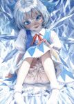 1girl bangs bloomers blue_bow blue_dress blue_eyes blue_hair bow bowtie cirno collared_shirt dress flat_chest hair_bow highres ice ice_wings lace-trimmed_dress lace_trim lips long_dress misawa_hiroshi neck_ribbon painting_(medium) pinafore_dress red_bow red_bowtie red_ribbon ribbon shirt short_dress short_hair socks solo touhou traditional_media underwear watercolor_(medium) white_shirt wings