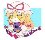 1girl blonde_hair bow chibi closed_mouth dress full_body fumo_(doll) gap_(touhou) hair_bow hat hat_ribbon long_hair mob_cap multiple_bows red_bow red_footwear red_ribbon rei_(tonbo0430) ribbon sidelocks smile solo tabard touhou white_dress white_headwear yakumo_yukari yellow_eyes