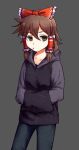 1girl bangs black_hoodie bow brown_eyes brown_hair cigarette closed_mouth commentary_request cookie_(touhou) expressionless feet_out_of_frame flat_chest frilled_bow frilled_hair_tubes frills grey_background grey_pants hair_between_eyes hair_bow hair_tubes hakurei_reimu hands_in_pocket hood hood_down hoodie jeans looking_at_viewer maru_(cookie) medium_hair pants red_bow simple_background solo tomoshige touhou