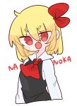1girl ascot black_vest blonde_hair collared_shirt fang hair_ribbon highres medium_hair op_na_yarou open_mouth red_ascot red_eyes ribbon rumia shirt short_hair sidelocks simple_background solo touhou v-shaped_eyebrows vest white_background white_shirt