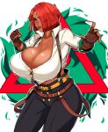 1girl absurdres alecto_0 belt black_pants breasts brown_gloves cleavage collarbone dark-skinned_female dark_skin fighting_stance fingerless_gloves fire giovanna_(guilty_gear) gloves green_eyes green_fire guilty_gear guilty_gear_strive hair_over_eyes hair_over_one_eye high-waist_pants highres huge_breasts lips long_sleeves looking_at_viewer pants parted_lips red_hair redhead shirt short_hair solo suspenders thighs triangle white_background white_shirt