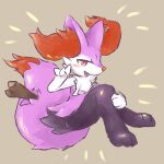1girl \m/ absurdres alternate_color animal_ear_fluff animal_ears animal_feet animal_hands animal_nose black_fur body_fur braixen brown_background commentary fang flat_chest fox_ears fox_girl fox_tail full_body fur_collar furry furry_female gradient hand_on_own_knee hand_up happy highres knees_together_feet_apart knees_up looking_at_viewer multicolored_fur no_humans open_mouth pokemon pokemon_(creature) purple_fur red_eyes san_(sanchimpo) shiny_pokemon simple_background sitting slit_pupils smile snout solo stick tail white_fur