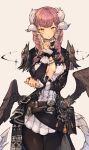 1girl au_ra avatar_(ff14) bangs belt black_pantyhose book breasts center_opening dragon_horns dragon_tail final_fantasy final_fantasy_xiv gradient gradient_background highres horns kemomin_nosuke long_hair looking_at_viewer low_wings pantyhose pink_hair pleated_skirt scales skirt small_breasts solo tail white_background wings yellow_eyes