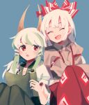 2girls :d blue_background bow closed_eyes closed_mouth commentary_request dress ex-keine fujiwara_no_mokou green_dress green_hair hair_bow horn_bow horn_ornament horns itomugi-kun kamishirasawa_keine long_hair long_sleeves multiple_girls ofuda ofuda_on_clothes open_mouth pants puffy_short_sleeves puffy_sleeves red_bow red_eyes red_pants shirt short_sleeves simple_background sitting smile suspenders touhou white_hair white_shirt
