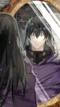 1boy black_clover black_hair blue_eyes blurry cloak crying crying_with_eyes_open depth_of_field highres kurorohorumuhn long_hair looking_at_mirror male_focus mirror nacht_faust purple_cloak smile solo tears