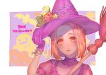 1girl annallee_(suikoden) broom brown_eyes brown_hair choker closed_mouth crescent_moon gensou_suikoden gensou_suikoden_ii ghost gloves halloween halloween_costume hat jack-o&#039;-lantern jewelry looking_at_viewer moon pumpkin sakai_(motomei) short_hair short_sleeves smile solo witch_hat