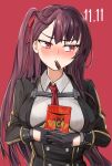 1girl blazer blush breasts dated food food_in_mouth framed_breasts girls_frontline gloves hair_ribbon highres holding holding_food jacket kuzumotsu long_hair looking_to_the_side necktie one_side_up pocky pocky_day pov purple_hair red_background red_eyes red_necktie ribbon solo striped upper_body wa2000_(girls&#039;_frontline) wa2000_(girls_frontline)