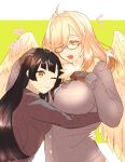  2girls :t angel_wings animal_hands bangs black_hair blonde_hair blunt_bangs bone_color919 breasts brown_eyes colored_eyelashes feathered_wings feathers glasses green_background hair_intakes hair_over_one_eye harpy headpat heart hug jacket large_breasts letterboxed long_hair master_2_(housamo) medium_breasts monster_girl multiple_girls neck_ruff notice_lines one_eye_closed open_mouth red-framed_eyewear simple_background smile tokyo_afterschool_summoners upper_body white_feathers white_wings wings ziz_(housamo) 
