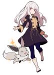 1girl 1other alternate_color blue_legwear boots closed_eyes company_connection crossover do_m_kaeru eevee fire_emblem fire_emblem:_three_houses garreg_mach_monastery_uniform long_hair long_sleeves lysithea_von_ordelia pantyhose pink_eyes pokemon pokemon_(creature) shiny_pokemon simple_background sparkle uniform white_background white_hair