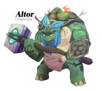  1boy altor animal arrow_in_body blue_neckerchief dungeons_and_dragons highres holding holding_weapon holostars holostars_english knife muscle mushroom neckerchief paladin pkoi regis_altare shell simple_background solo tortoise turtle two-handed war_hammer weapon 