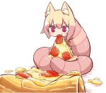 1girl angry animal_ear_fluff animal_ears animalization bangs blonde_hair blush borrowed_character cheek_bulge cheese commentary commission determined eating english_commentary eyebrows_visible_through_hair food fox_ears fox_girl fox_tail furrowed_brow hair_between_eyes holding holding_food holding_pizza human_head kemomimi-chan_(naga_u) light_blush long_hair maqinpu naga_u_(style) open_mouth original pepperoni pink_eyes pizza pizza_slice red_eyes sharp_teeth shiny shiny_hair shiny_skin simple_background solo sparkling_eyes teeth white_background worm