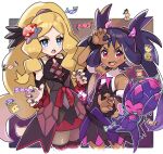 2girls armlet bangs bare_shoulders blonde_hair blue_eyes blush caitlin_(fall_2021)_(pokemon) caitlin_(pokemon) candy_wrapper claw_pose collarbone commentary dark-skinned_female dark_skin dress eyelashes fu_(tk1189227dhy) halloween halloween_costume iris_(fall_2022)_(pokemon) iris_(pokemon) long_hair multiple_girls nail_polish official_alternate_costume open_mouth poipole pokemon pokemon_(creature) pokemon_(game) pokemon_masters_ex ponytail purple_hair purple_nails sidelocks symbol-only_commentary teeth tongue upper_teeth