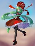  1girl absurdres bow dress frills gradient gradient_background green_eyes green_hair hair_bow highres kagiyama_hina long_hair looking_at_viewer open_mouth qinyuzhen red_bow red_dress ribbon short_sleeves smile solo touhou very_long_hair 