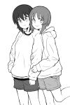 2girls arm_grab arm_hug casual closed_mouth commentary girls_und_panzer greyscale hood hood_down hoodie leg_up looking_at_viewer monochrome multiple_girls mutsu_(layergreen) nishizumi_maho nishizumi_miho short_hair shorts siblings simple_background sisters smile standing standing_on_one_leg sweater white_background