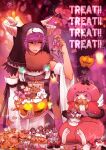 &gt;_&lt; 1boy 1girl :3 animal_hands bangs barefoot black_hood black_shirt candy capelet cat_girl commentary_request cookie cupcake detached_sleeves dress eating food full_body fur-trimmed_capelet fur_collar fur_trim ghost gift hair_between_eyes halloween highres horns icing jack-o&#039;-lantern looking_at_viewer medium_hair official_alternate_costume omanjuu_(tamppcn) open_mouth pink_dress pink_eyes purple_hair ragnarok_online red_capelet red_eruma shirt sitting sorcerer_(ragnarok_online) summoner_(ragnarok_online) upper_body white_horns white_sleeves