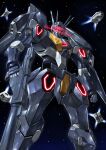asaba_naoto clenched_hand funnels_(gundam) glowing glowing_eyes gun gundam gundam_pharact gundam_suisei_no_majo head_tilt holding holding_gun holding_weapon looking_down mecha no_humans red_eyes robot science_fiction solo space star_(sky) starry_background starry_sky v-fin weapon