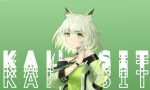  1girl absurdres animal_ear_fluff animal_ears arknights bangs bare_shoulders black_choker captaindiz cat_ears cat_girl character_name choker closed_mouth dress green_background green_dress green_eyes green_hair hand_on_own_shoulder highres jacket kal&#039;tsit_(arknights) looking_at_viewer medium_hair off-shoulder_dress off_shoulder oripathy_lesion_(arknights) see-through see-through_sleeves sidelocks solo 