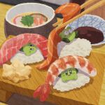 chopsticks food food_focus highres kirby kirby_(series) looking_at_viewer miclot no_humans shrimp smile soup soy_sauce surprised sushi
