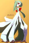 1girl artist_name bangs bob_cut closed_mouth colored_skin commentary_request flat_chest full_body gardevoir gen_3_pokemon gradient gradient_background green_hair green_skin hair_over_one_eye hand_up highres holding holding_leaf leaf long_legs looking_to_the_side multicolored_skin no_humans no_lineart one_eye_covered pokemon pokemon_(creature) red_eyes short_hair signature simple_background solo standing tsukkon twitter_username two-tone_skin white_skin yellow_background