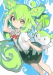 1girl 1other absurdres collared_shirt creature_and_personification dot_mouth green_hair green_shorts green_suspenders hair_between_eyes highres kaamin_(mariarose753) long_hair puffy_shorts red_ribbon ribbon shirt shorts skirt suspenders voicevox white_shirt yellow_eyes zundamon
