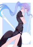  1girl absurdres black_dress blue_hair china_dress chinese_clothes dress ear_piercing earrings feet_out_of_frame highres jewelry kerorira lize_helesta long_hair nijisanji own_hands_together piercing ponytail short_sleeves side_slit sketch solo two-tone_background violet_eyes virtual_youtuber 