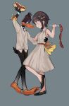 1boy 1girl anger_vein black_footwear black_hair blush crossover daffy_duck dancing food fork furry furry_male highres himuhino holding holding_fork hololive hot_dog linked_sausages looney_tunes oozora_subaru sausage shoes short_hair virtual_youtuber webbed_feet