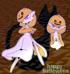  1girl alternate_color alternate_shiny_pokemon arms_at_sides bangs bob_cut brown_background colored_skin commentary_request cropped_torso english_commentary english_text flat_chest full_body gardevoir hair_between_eyes hair_over_one_eye halloween happy_halloween jack-o&#039;-lantern legs_apart looking_at_viewer mixed-language_commentary multicolored_skin multiple_views one_eye_covered open_mouth orange_hair orange_skin outline partial_commentary pokemon pokemon_(creature) shadow short_hair standing two-tone_skin upper_body violet_eyes white_outline white_skin yuri_(pixiv_76483886) 