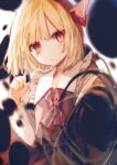 1girl :/ black_skirt black_vest blonde_hair blurry blurry_foreground blush closed_mouth collared_shirt commentary darkness depth_of_field frilled_shirt_collar frills hair_ribbon hand_up highres looking_at_viewer medium_hair neckerchief red_eyes red_neckerchief red_ribbon ribbon rumia shiba_0007 shirt skirt skirt_set solo touhou upper_body vest white_shirt