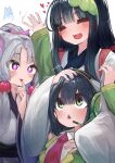 +_+ 3girls =_= absurdres animal_ear_fluff animal_ears arm_up bangs black_hair bow closed_eyes detached_sleeves eyes_visible_through_hair finger_to_mouth fox_ears fox_girl green_eyes green_hairband green_sleeves grey_hair hair_between_eyes hair_bobbles hair_bow hair_intakes hair_ornament hairband hand_on_another&#039;s_head hand_up headphones heart highres japanese_clothes kimono kyoumachi_seika long_hair long_sleeves microa microphone motion_lines multiple_girls necktie nhk_(voiceroid) open_mouth pink_bow pink_eyes red_necktie short_hair siblings simple_background sisters smile spirit touhoku_itako touhoku_zunko triangle_mouth v-shaped_eyebrows vocaloid voiceroid white_background white_kimono wide_sleeves