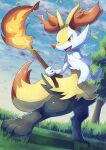 1girl absurdres animal_feet animal_hands animal_nose artist_name black_fur blue_sky body_fur braixen clouds commentary_request day dutch_angle embers fangs fire flat_chest full_body fur_collar furry furry_female grass hand_up happy highres holding holding_stick legs_apart looking_to_the_side multicolored_fur no_humans open_mouth outdoors partial_commentary pokemon pokemon_(creature) red_eyes signature sky smile snout solo standing stick tanpakuroom tree white_fur yellow_fur