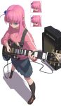 1girl absurdres amplifier blue_eyes bocchi_the_rock! electric_guitar full_body gotou_hitori guitar hair_ornament highres holding holding_instrument instrument kneehighs limi26 long_hair pink_hair pleated_skirt shadow simple_background skirt socks solo standing white_background