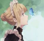 1girl absurdres alternate_costume bangs blonde_hair blue_butterfly braid braided_bun bug butterfly day enmaided hair_bun highres insect looking_at_animal maid maid_headdress making-of_available miyayoshib original outdoors portrait profile short_hair single_hair_bun solo upper_body