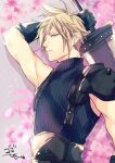 1boy absurdres arm_up armor blonde_hair blue_eyes buster_sword cloud_strife earrings final_fantasy final_fantasy_vii final_fantasy_vii_remake gloves gogochi55 highres holding holding_weapon jewelry looking_at_viewer male_focus petals shoulder_armor sleeveless sleeveless_turtleneck solo spiky_hair sweater turtleneck turtleneck_sweater upper_body weapon