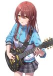 1girl :o absurdres blush bocchi_the_rock! brown_hair electric_guitar gibson_les_paul gradient gradient_background guitar hair_between_eyes highres holding holding_plectrum idolmaster idolmaster_shiny_colors instrument jacket long_hair looking_at_viewer osaki_tenka plaid plaid_skirt pleated_skirt plectrum shirt simoumi_217 simple_background skirt solo straight_hair track_jacket very_long_hair white_background yellow_eyes