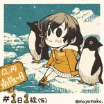 1girl :&gt; animal bangs bird blush braid cat chibi hair_between_eyes hood hood_down hooded_jacket iceberg imatomo_mahya jacket kantai_collection long_hair long_sleeves night orange_jacket penguin pleated_skirt sign single_braid sitting skirt smile snow snowing solo souya_(kancolle) star_(sky) starry_sky twitter_username white_skirt