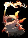 45_(maruyaki45) absurdres black_background blue_eyes bug fire full_body fur highres holding holding_torch larvesta looking_up no_humans pokemon pokemon_(creature) simple_background solo standing torch transparent_background white_fur
