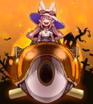 1girl capelet closed_eyes fate/grand_order fate_(series) habetrot_(fate) halloween halloween_costume hat highres jack-o&#039;-lantern long_hair open_mouth orange_background pink_hair pointy_ears riding smile solo sparkle taru_neko witch_hat