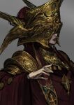 1other ambiguous_gender armor black_lips covered_eyes from_side grey_background helmet highres korean_commentary open_hand original pauldrons red_robe robe shoulder_armor sketch solo sunong